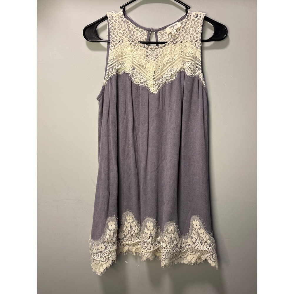Umgee Boho Lace Trim Shift Dress Purple Grey Sleeveless Mini‎ G0718 Oversized - Picture 2 of 5